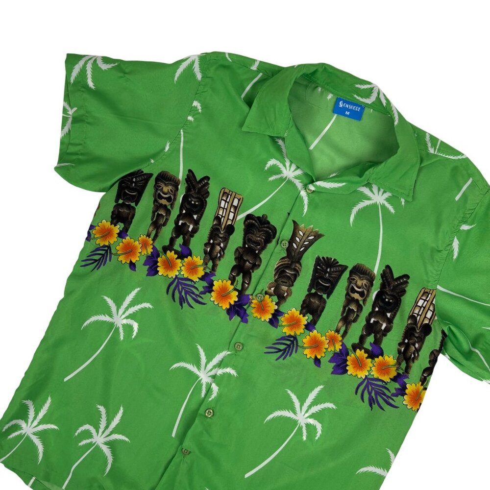 OnShore Hawaiian Shirt Mens Size Medium Green Tiki Statues Tropical Palm Trees S - Picture 4 of 11